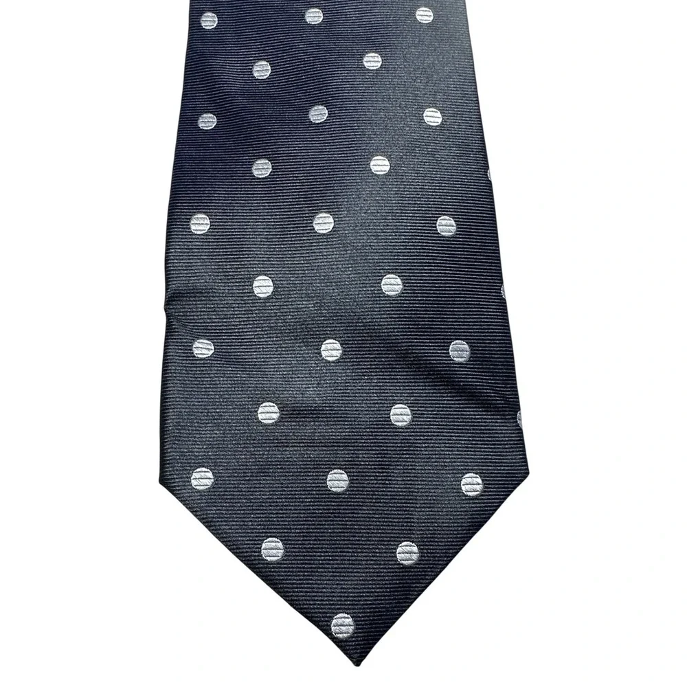 Oleg Cassini Mens Silk Necktie Navy Blue Silver Polka Dot Hand‎ Made Classic Tie